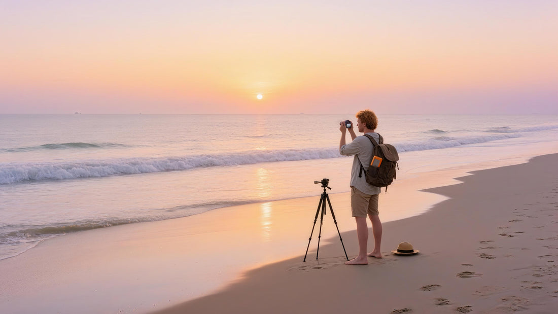 Photographer capturing sunset on the beach with UnifyDrive UT2 portable storage on backpack
