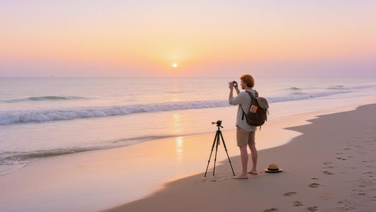 Photographer capturing sunset on the beach with UnifyDrive UT2 portable storage on backpack