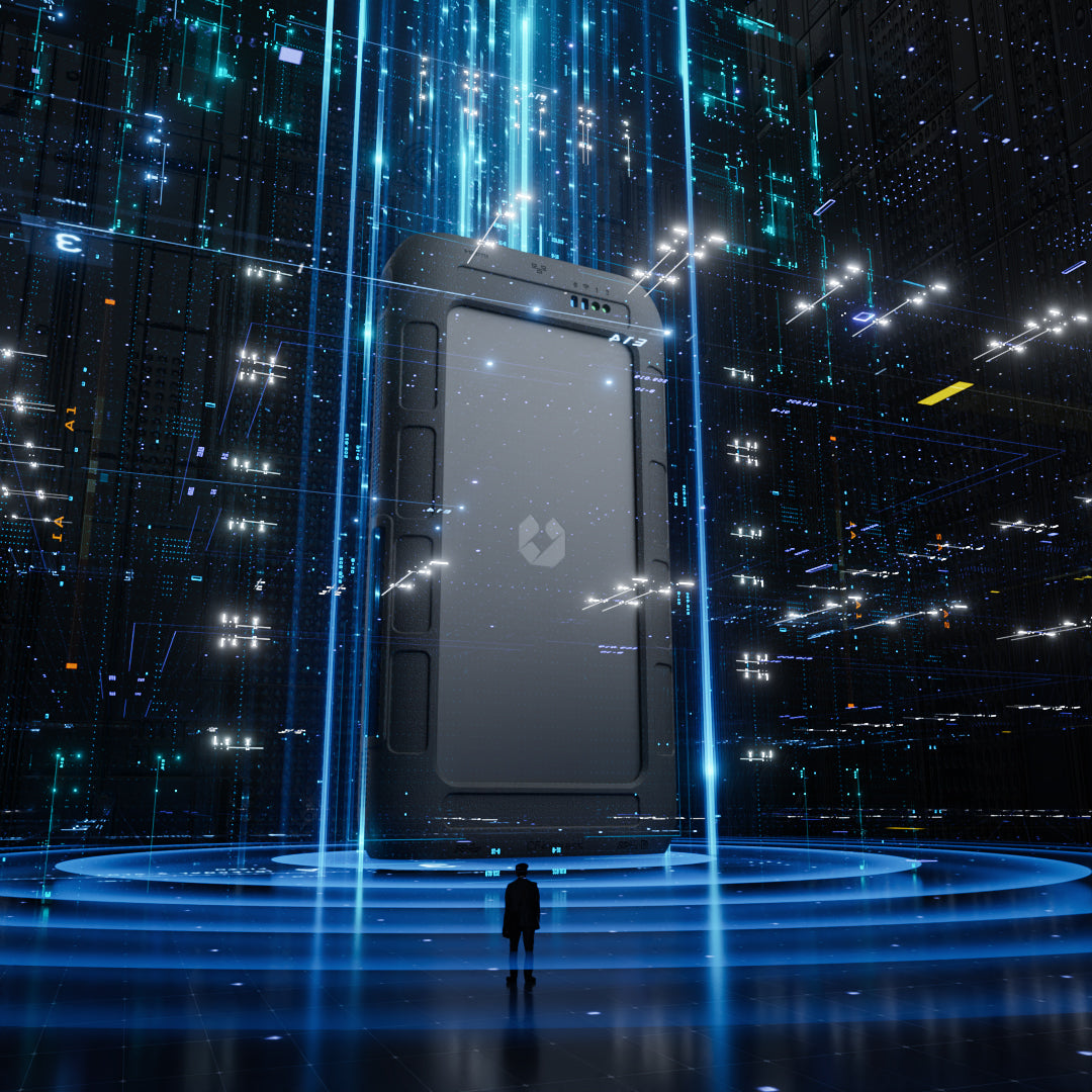 Futuristic UnifyDrive UT2 portable NAS displayed in a digital data environment.