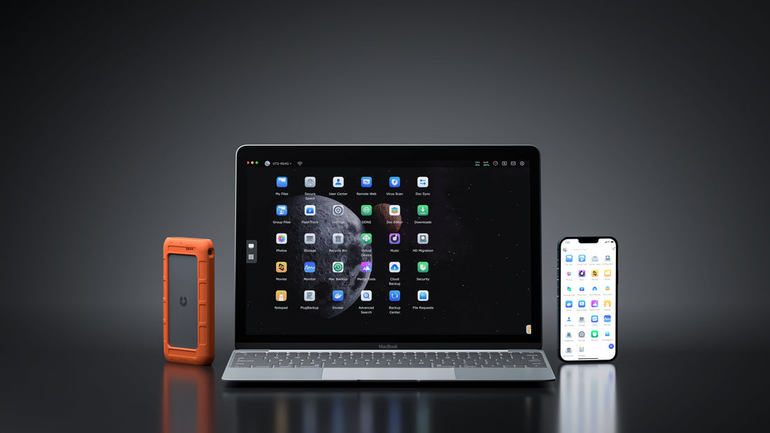 UnifyDrive UT2 new features showcased on laptop and mobile app interface