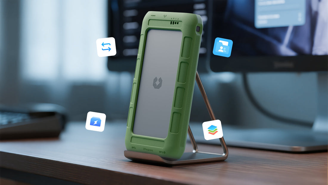 UnifyDrive UT2 portable NAS device in green, standing on a desk with icons representing file sync, group management, fast transfer, and document editing.