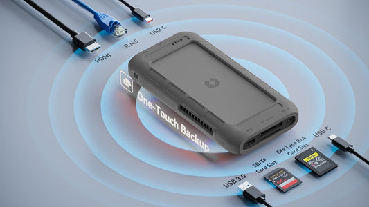 WiFi 6 portable NAS with SD, CFexpress, HDMI, and one-touch backup for creators and teams.