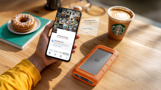 iCloud full warning on phone, with portable NAS nearby – backup solution for storage without subscriptions.